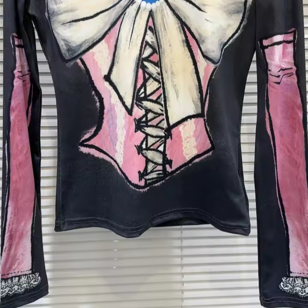 New Items T-shirt For Women colorful print Bow Mesh Long Sleeve Stretch Fashion - Picture 5 of 7